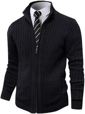 Men's Slim Fit Full Zip Cardigan Sweater with Stand Collar - Cozy Knit Layering